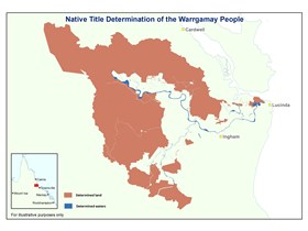 A map showing the native title determination of the Warrgamay People, encompassing 185,000 hectares of land and water near Ingham, Cardwell and Lucinda.