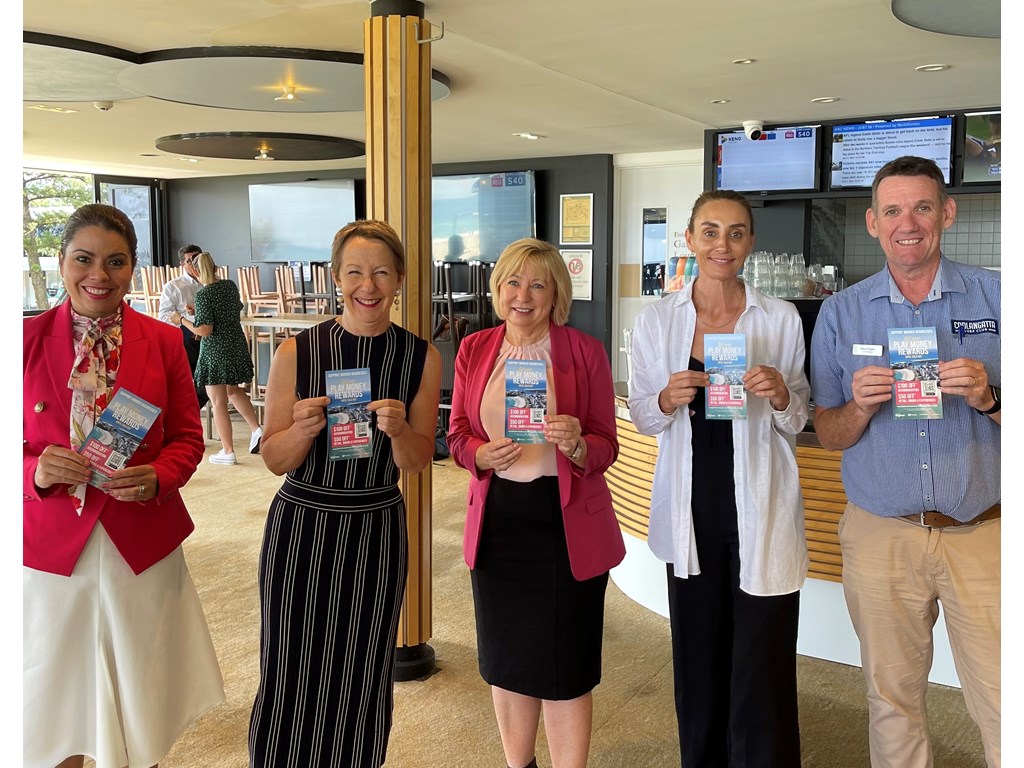 Destination Gold Coast CEO Patricia O'Callaghan, Minister Farmer, Cr Gail O'Neill, small business owner Phillippa King and Coolangatta Surf Club General Manager Steve Edgar launch the Play Money Rewards vouchers.
