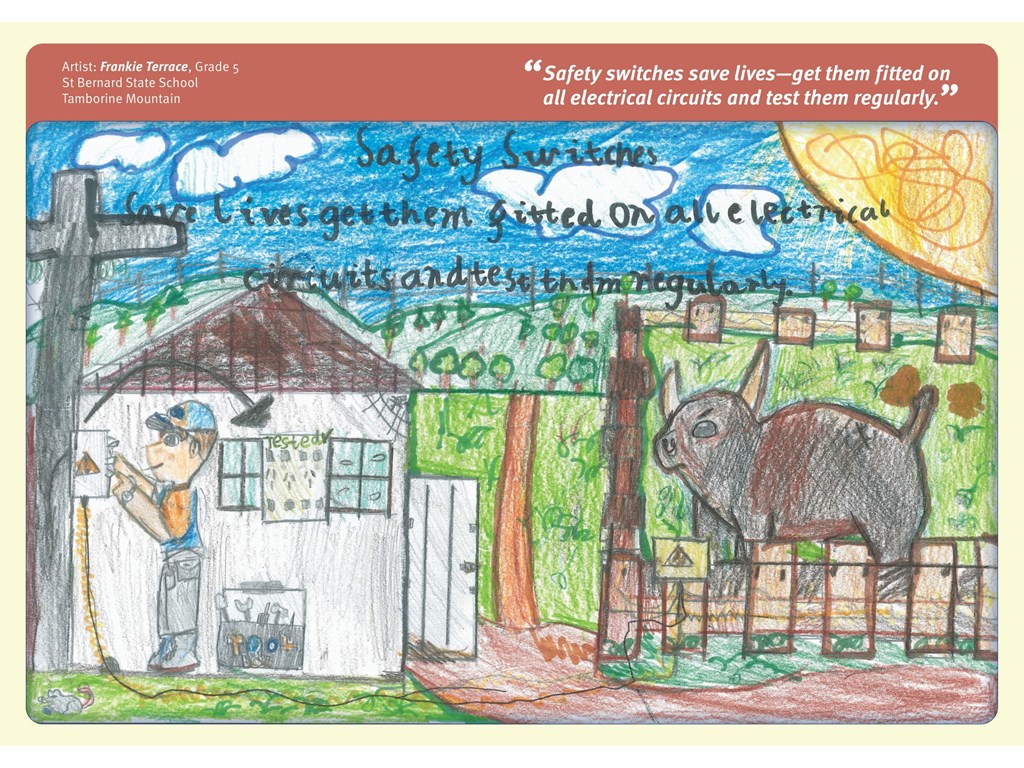 Winning artwork by Frankie Terrace, a Year 5 student at St Bernard State School Tamborine Mountain, was selected for the November page of the 2023 Farm safety calendar.