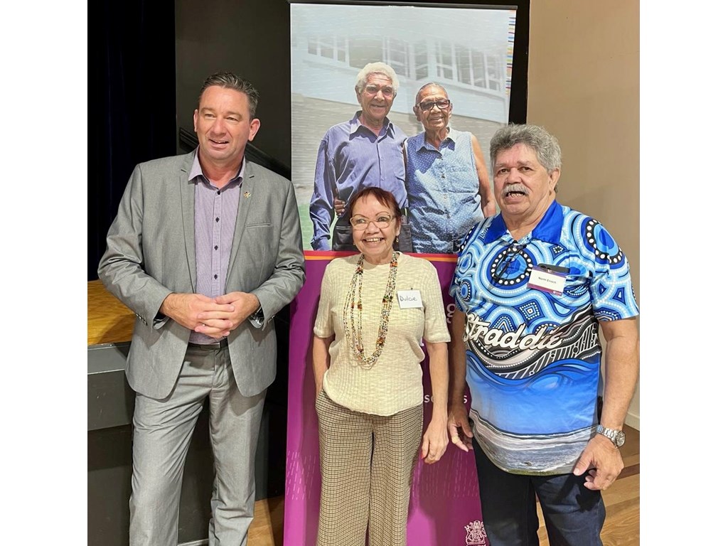 Seniors Minister Craig Crawford, Auntie Dulcie of Time with Grandparents and Quandamooka elder Uncle Norm Enoch at Redlands Seniors Expo. 