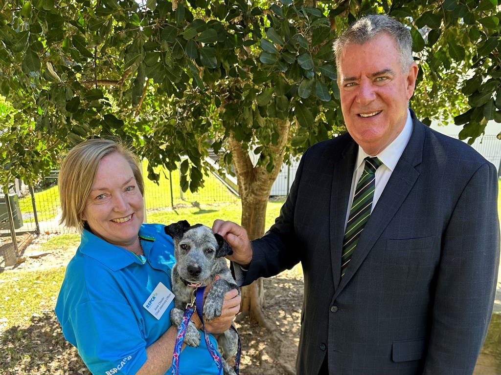 RSPCA Chief Veterinary Officer Dr Anne Chester and Minister Mark Furner with Callie the blue cattle dog pup