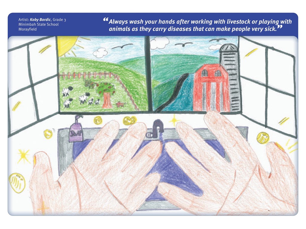 Winning artwork by Koby Bordic, a Year 3 student from Minimbah State School, featured on the May page of the 2023 Farm safety calendar competition.