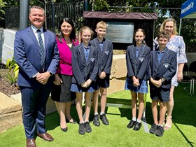 The official opening of the new Eagle Junction State School Early Years Precinct. (L-R) Principal Adam Mathewson, Education Minister Grace Grace, School Vice-captains Jessica Sanfilippo and Oliver Senz, School Captains Elodie Whitaker and Finn Latimer, P&C President Jo Senz.