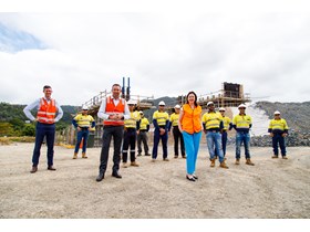 Minister Bailey, Minister Crawford and Premier Annastacia Palaszczuk with crews at the Smithfield Bypass project