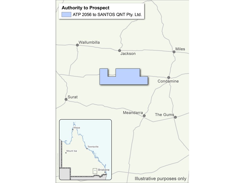 Energy company Santos has been granted an Authority to Prospect over a 764 square kilometre parcel of land 65km east of Surat in the gas rich Bowen and Surat Basins.