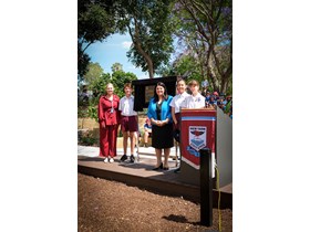 Education Minister and local Member for McConnel Grace Grace officially opening new facilities at New Farm State School with Principal Dr Carmel McGrath and student leaders Matthew Blackman, Vivienne Holloway and Emma Harding (L-R)