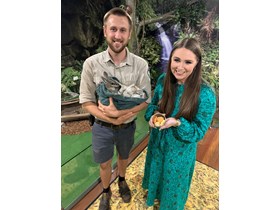 Ranger Cameron Sloan, Environment Minister Meaghan Scanlon and a rare bridled nailtail wallaby. 