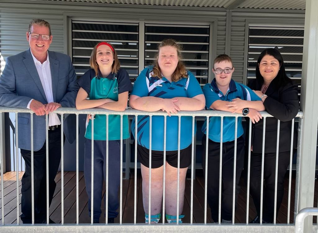 (L-R) Member for Rockhampton Barry O'Rourke, Rockhampton Special School student leaders Isabella Budarick, Kimberley Raatz & Matt Aitken, and Education Minister Grace Grace at Rockhampton Special School, where the Palaszczuk Government is investing $12 million in new classrooms and refurbished learning spaces.