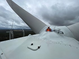 Deputy Premier Steven Miles at the top of a wind turbine at Kaban Wind Farm in Far North Queensland