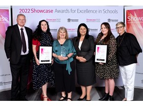 Education Minister Grace Grace and Director-General of the Department of Education Michael De'Ath (far left) with representatives from Happy Valley State School, winners of the Showcase Award for Excellence in Rural and Remote Education at the Showcase Awards for Excellence in Schools.