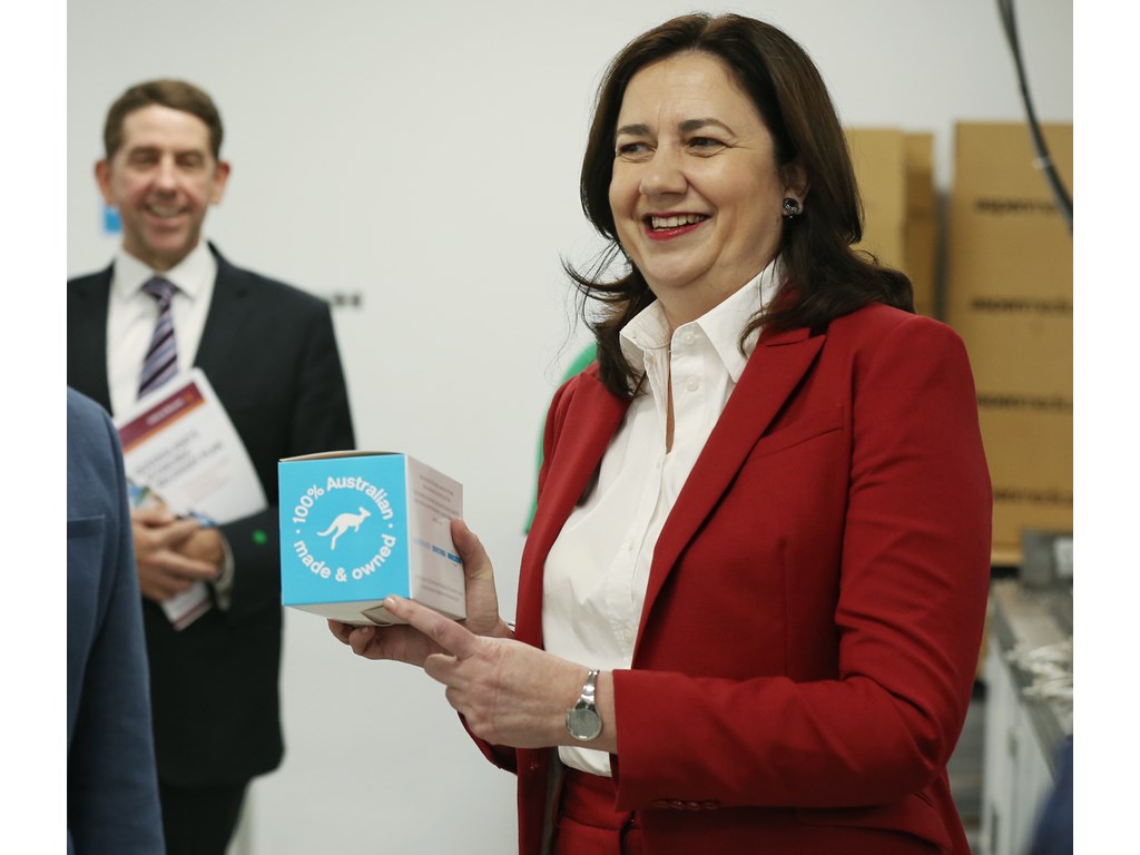 Premier Annastacia Palaszczuk and Treasurer Cameron Dick at Aspen Medical announce a target of 25 per cent of Government purchased PPE to be Queensland made