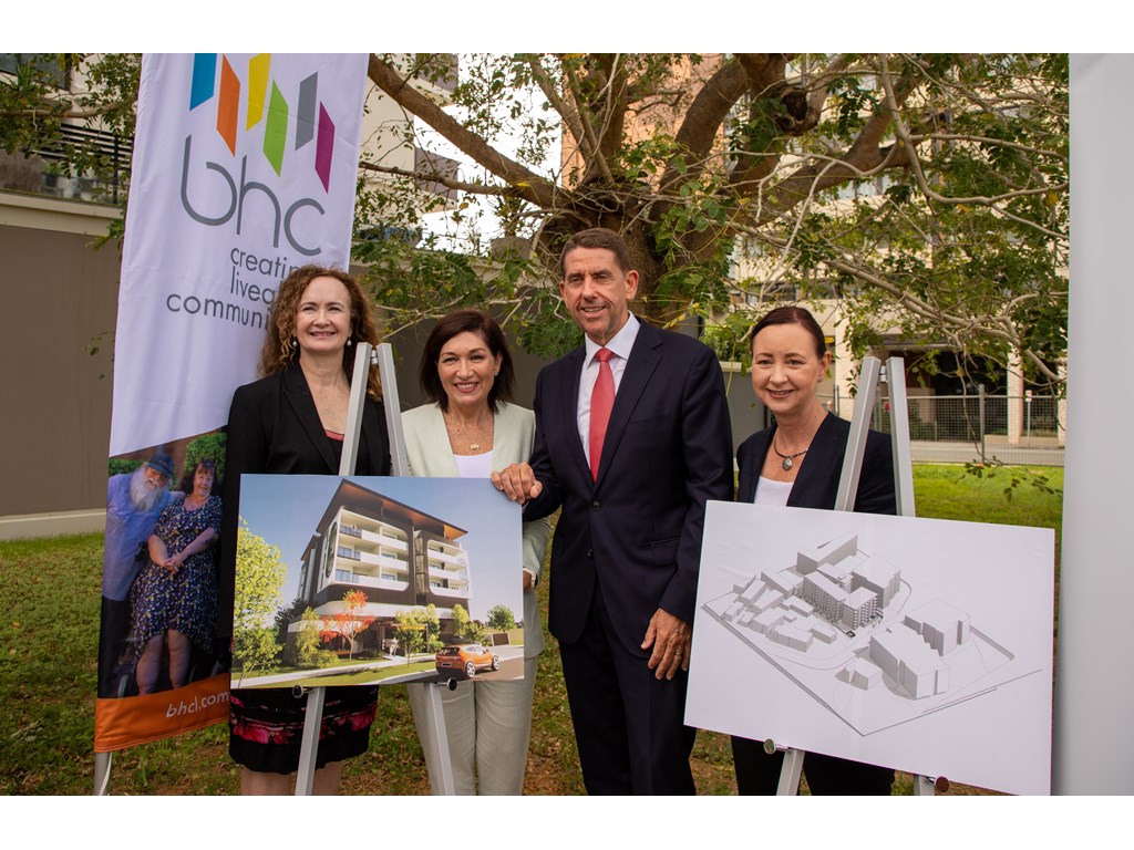 Treasurer Cameron Dick, Minister for Communities and Housing Leeanne Enoch, Member for Redcliffe and Minister for Health Yvette D’Ath and BHC CEO Rebecca Oelkers at the Sutton Street site, Redcliffe.