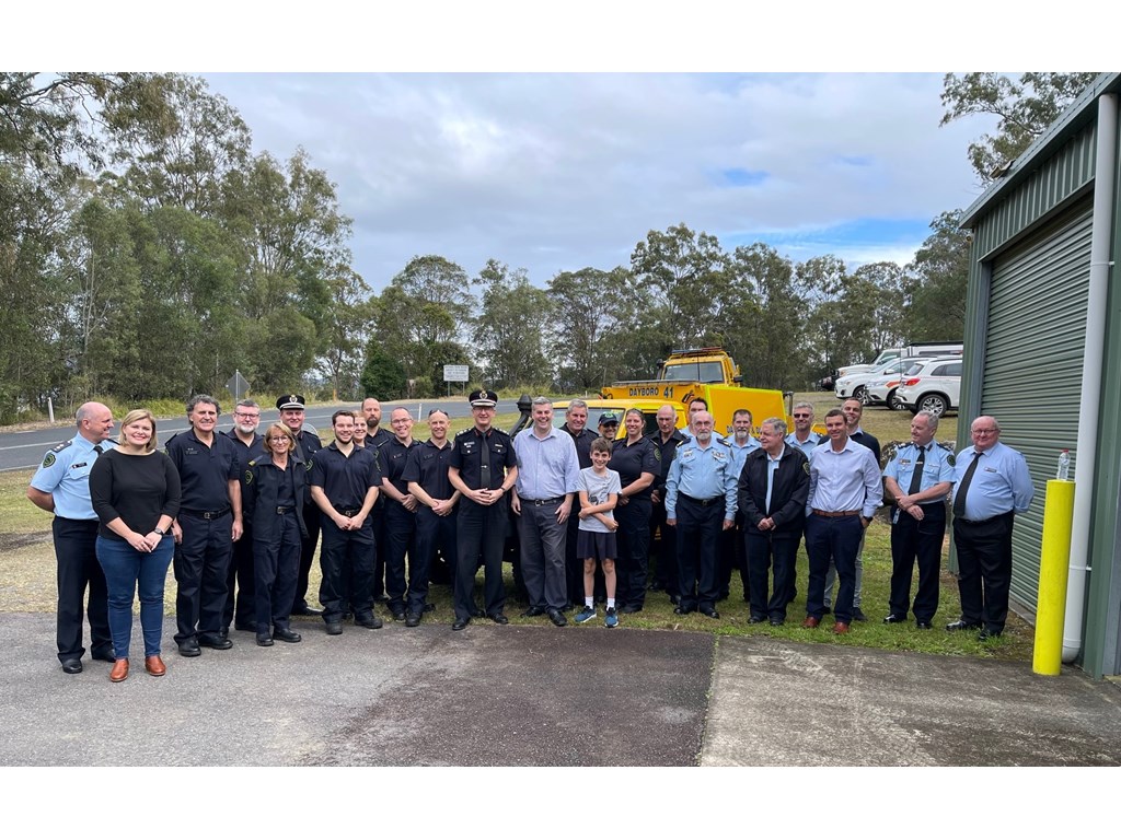 Minister and Commissioner with some of the state's 28,000-plus volunteers at Dayboro to launch Rural Fire Service Week.