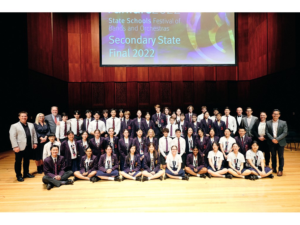 Brisbane State High School Symphonic Band was awarded the Erica Brindley Memorial Trophy, taking out top honours in the Instrumental Fanfare secondary schools state final