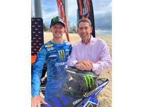 Gold Coast-based Supercross rider Aaron Tanti with Treasurer and Minister for Trade and Investment Cameron Dick at the announcement of SX Global's move to Queensland