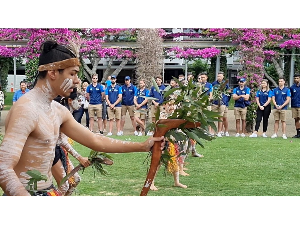Traditional Welcome to Country ceremony at Brisbane's South Bank for the New Zealand Men's T20 World Cup cricket team.  