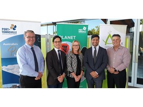 Les Walker MP, Ark Energy CEO Daniel Kim, Port of Townsville CEO Ranee Crosby, Assistant Minister Lance McCallum and Aaron Harper MP in Townsville today. 