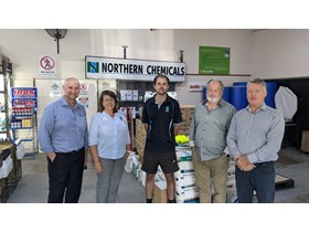 Minister Glenn Butcher MP touring the factory with owners Sue, Byron and Barry Cooper with Member for Cairns Michael Healy MP