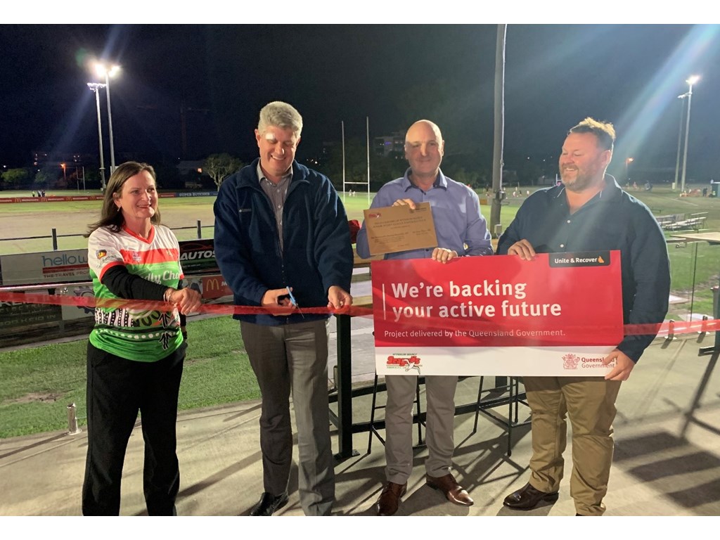 Sport Minister Stirling Hinchliffe launches new LED lighting with Member for Lytton Joan Pease, and Wynnum Manly Juniors Rugby League Club President Adam Lipke and Treasurer Phil Everson. 