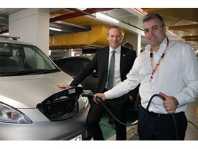 Minister for Energy, Renewables and Hydrogen Mick de Brenni with Logan MP and proud EV owner Linus Power with the new chargers.