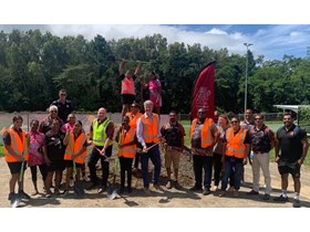Sport Minister Stirling Hinchliffe with Member for Mulgrave Curtis Pitt, Yarrabah Aboriginal Shire Council Mayor Ross Andrews and community members celebrate the 'turning of the first sod' at Jilara Oval.