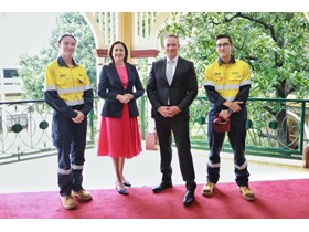 Premier Annastacia Palaszczuk and Public Works Minister Mick de Brenni with QBuild apprentice electricians Andrea Byrne from Tanah Merah and Christian Smart from Townsville - two of 21 being inducted today