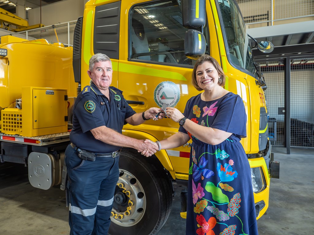 Fire Minister Nikki Boyd presents the keys to a new 7,000 litre fire tanker to Rangewood Rural Fire Brigade, near Townsville.. 