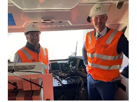 Member for Bundamba Lance McCallum and Transport and Main Roads Minister Mark Bailey inspect progress on Queensland Rail trains being fitted out with European Train Control System technology at Redbank.