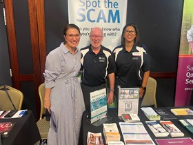 Queensland Seniors Minister Charis Mullen at the Logan Central Seniors Expo with Bob and Susanne from the Office of Fair Trading, talking about scams and how to avoid them.