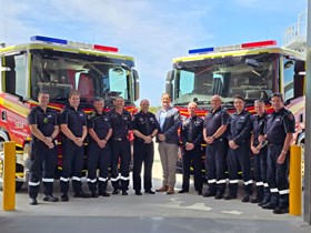 Member for Caloundra Jason Hunt delivers the keys to new Type 3 appliances for Caloundra and Caloundra South Fire and Rescue stations on the Sunshine Coast.  