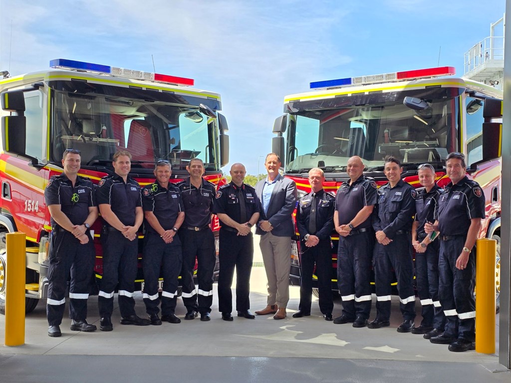 Member for Caloundra Jason Hunt delivers the keys to new Type 3 appliances for Caloundra and Caloundra South Fire and Rescue stations on the Sunshine Coast.  