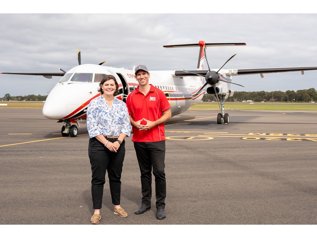 Fire Minister Nikki Boyd and Member for Bundaberg Tom Smith with the LAT at Bundaberg Airport.