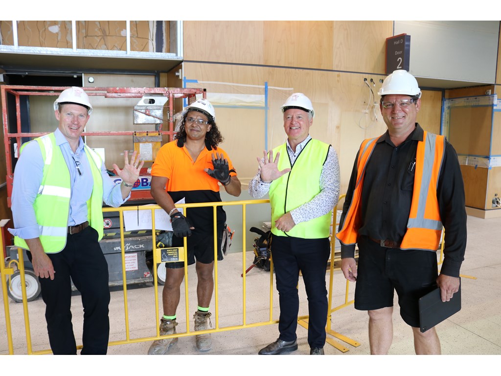 Minister for Public Works Mick de Brenni joins Issack Warner, Cairns MP Michael Healy and NWCI's Scott Lohmann on-site at the Cairns Convention Centre.