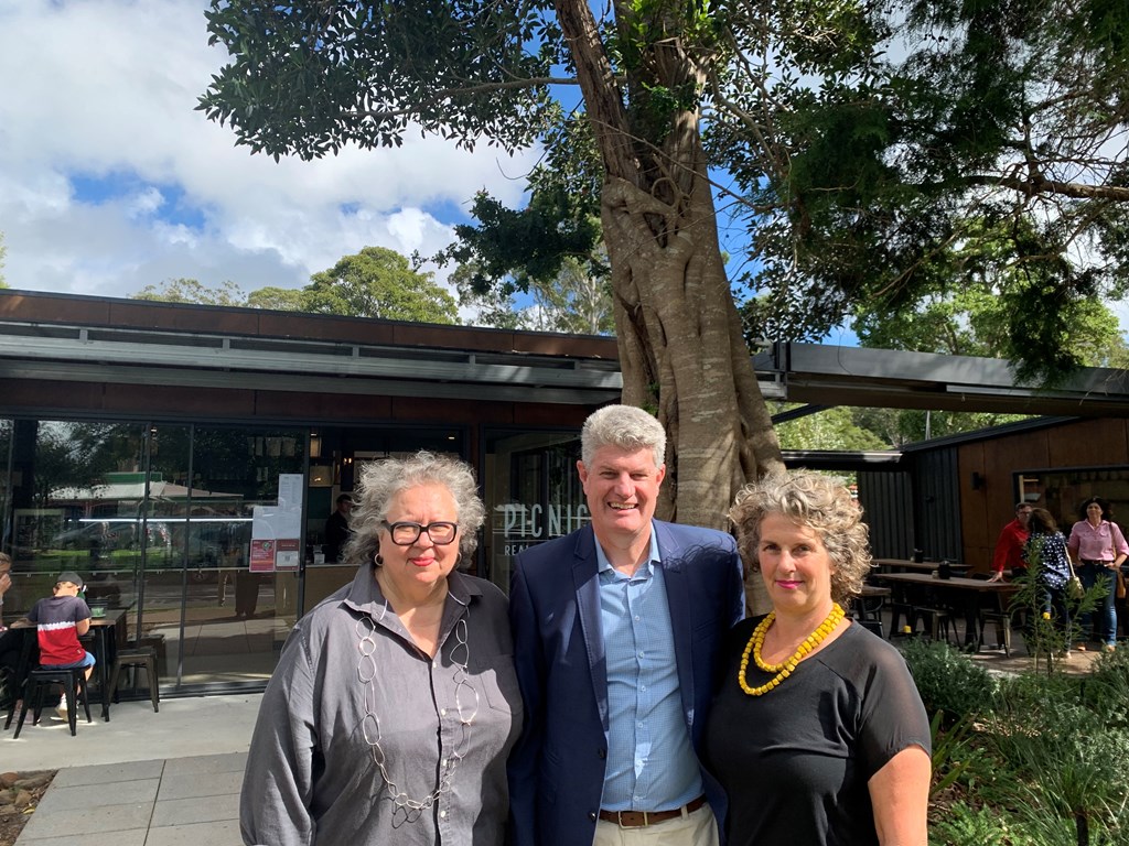 Tourism Minister Stirling Hinchliffe with Brenda Fawdon and Sonja Drexler at the opening of Tamborine Mountain's North Stores destination.