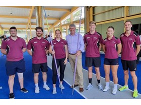 Sport Minister Stirling Hinchliffe with Queensland Academy of Sport-supported throws athletes at the new National Throws Centre of Excellence. 