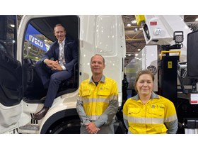 Energy Minister Mick de Brenni checks out Queensland's first fully electric bucket truck with Energex Area Manager Trevor King and Fleet Manager Sonia Gollschewski at the Brisbane Truck Show.