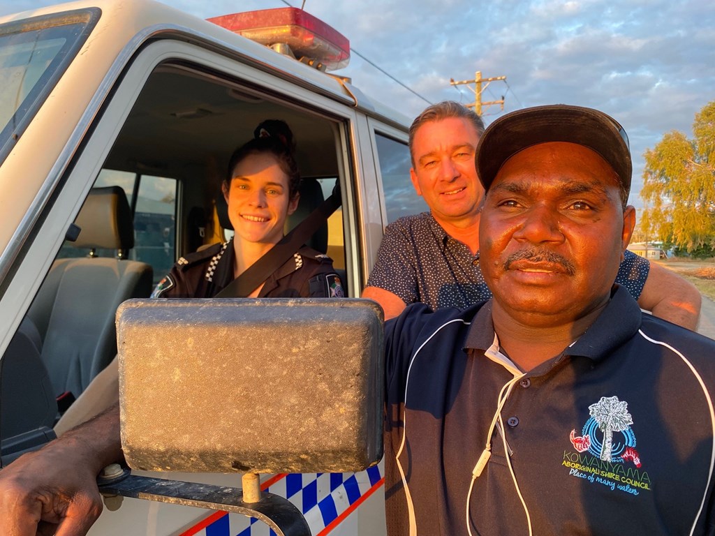 Police constable Emily Dunell, DATSIP Minister Craig Crawford and Kowanyama Councillor Jacob Josiah on community night patrol in the 1200-strong Western Cape York Aboriginal township. 