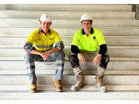 Minister de Brenni with first-year apprentice tiler Blake Vanderwerff at the Cairns Convention Centre