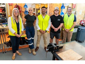 Member for Redlands Kim Richards, Member for Capalaba Don Brown, and Minister Lance McCallum with Electrical Apprentices Kaiya and Cooper