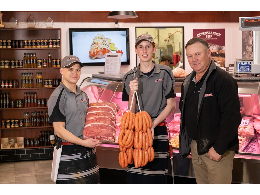 QLD Country Meats l-r apprentices Jayden Ruru and Brett Ellis with owner Paul Lavelle