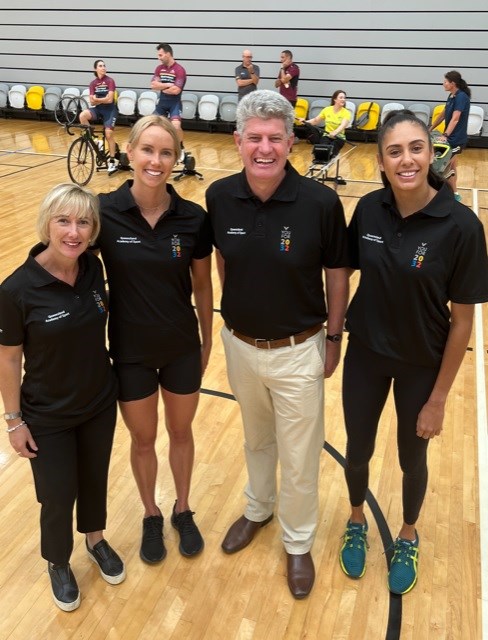 Sport Minister Stirling Hinchliffe with Olympians Emma McKeon and Taliqua Clancy and QAS CEO Chelsea Warr for the launch of Youfor2032 athlete talent search registrations. 