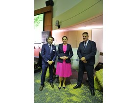 Premier Annastacia Palaszczuk and Agricultural Industry Development Minister Mark Furner with Beef Australia chair Bryce Camm at a Beef 2021 preview event at Parliament House