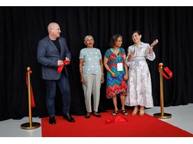Arts Minister Leeanne Enoch and Member for Mulgrave and FNQ Screen Champion Curtis Pitt cut the ribbon with Elders Professor Henrietta Marrie and Teresa Dewars to open Screen Queensland's new Cairns studio.